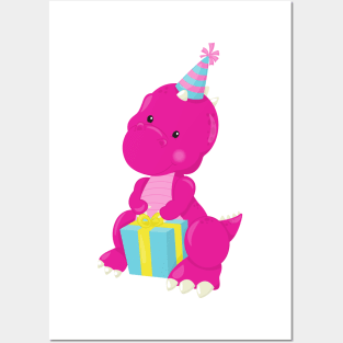 Birthday Dinosaur, Pink Dinosaur, Party Hat, Gifts Posters and Art